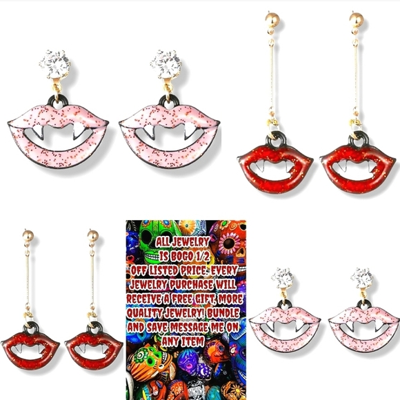 Bundle 2 pairs 1 red 1 pink sparkly crystal vampire teeth lips earrings - Picture 2 of 12